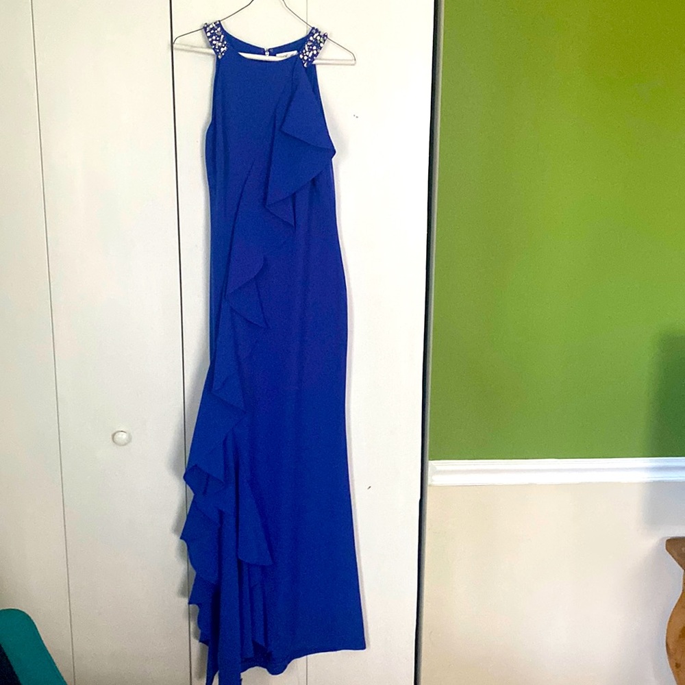 Eliza J gorgeous formal royal blue maxi gown with rhinestone straps